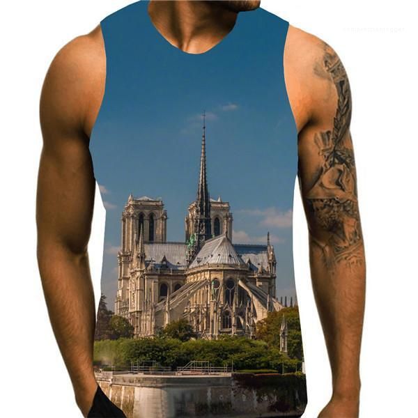 

paris men vest quick drying breathable 3d printed tank summer running male clothes notre dame de, White;black