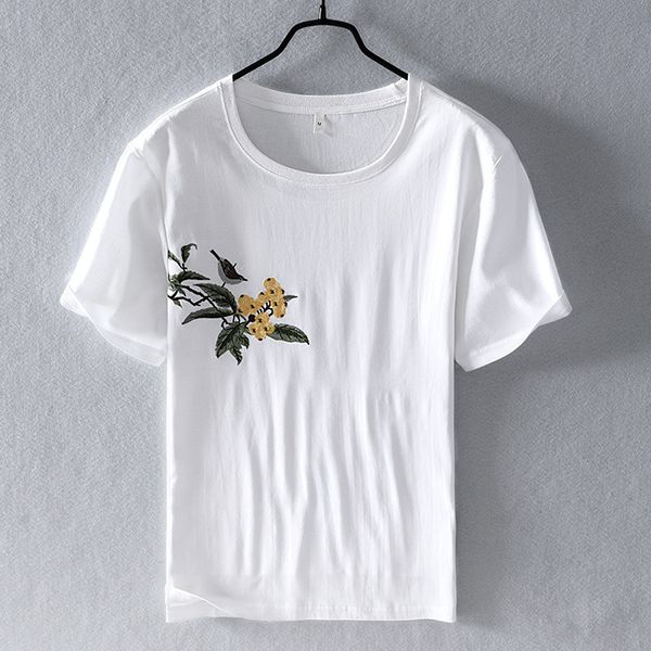 

chinese style floral embroidery short sleeve t-shirt men's casual white cotton linen splice fashion summer t shirt y2796, White;black