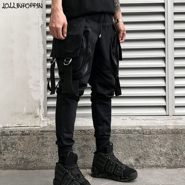 

punk men cargo pants streetwear mens jogger pants drawstring elastic waist side flap pockets tapered casual hip hop, Black