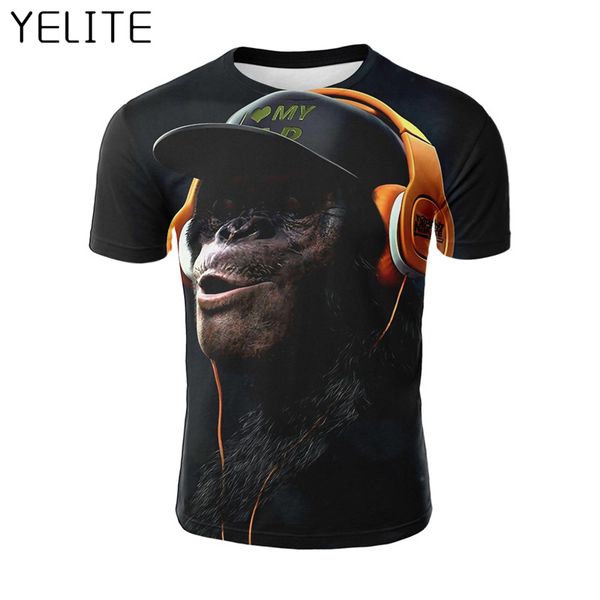 

yelite 2019 animals 3d t-shirt men orangutan is listening to music happily printed sleeved men's t shirt tshirts streetwear, White;black