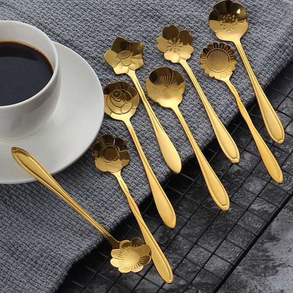 

flowers design stainless steel reusable tea scoops stirring spoon coffee spoon mixing spoon sugar dessert cake ice cream spoons