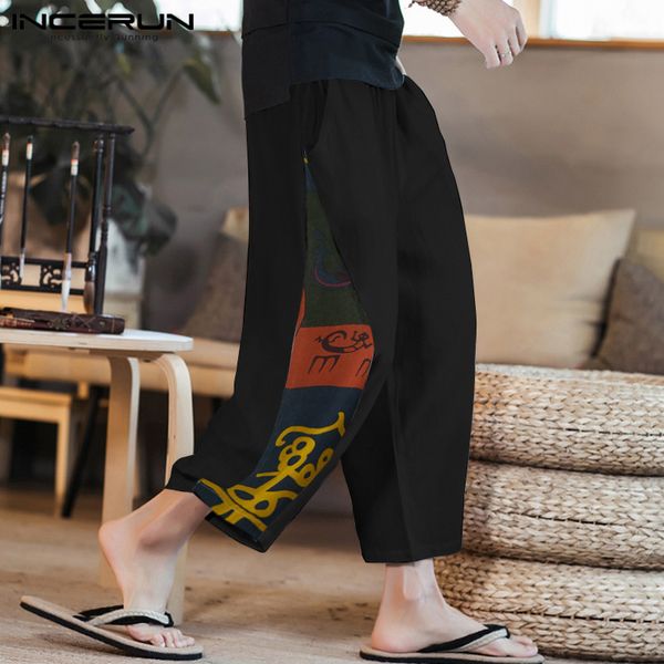 

incerun мужчины широкий ноги брюки vintage printed свободные брюки человек хлопок лоскутная днища повседневный гарем эластичный пояс pantalo, Black