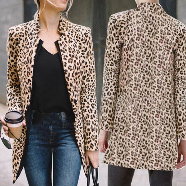 

Women Fashion Leopard Printed Jacket Stand Collar Warm Casual Cardigan Long Sleeve Coat