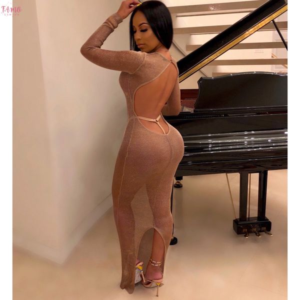 

backless long sleeve maxi dress see through knitted glitter fall bodycon dresses woman party night clubwear d36 aa11, Black;gray