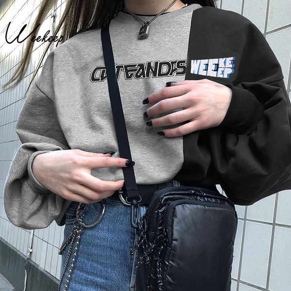 

weekeep женщины письмо печати лоскутное o-neck толстовка сыпучие вязаная весна осень пуловер толстовки топы, Black