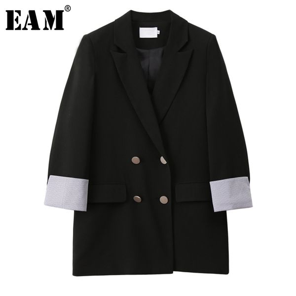 

eam] женщины black split joint темперамент blazer новый нагрудные длинным рукавом сыпучие fit способа куртки tide весна осень 2020 1w807, White;black