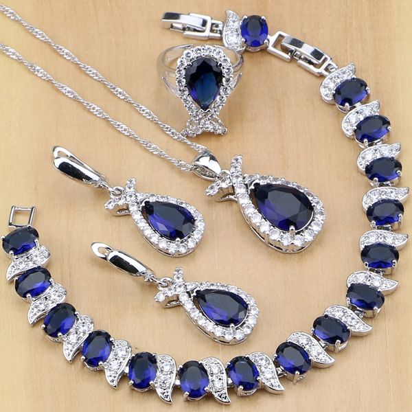 

925 sterling silver jewelry blue cubic zirconia white cz jewelry sets for women earrings/pendant/necklace/rings/bracelet, Slivery;golden