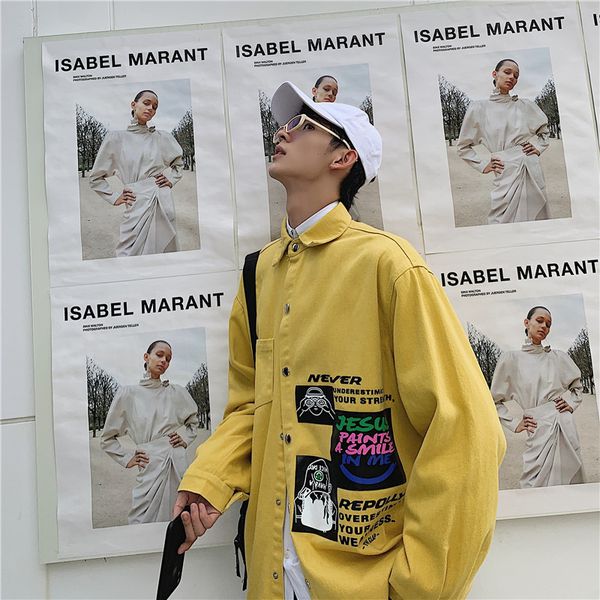 

2019 autumn men's new casual solid color pattern printing single-breasted lapel shirt loose temperament cotton camisa masculina, White;black