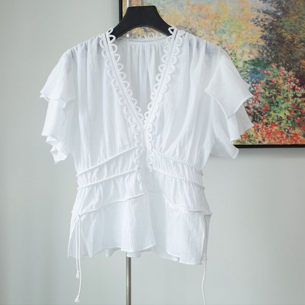 

women shirt loose v-neck ruffle sleeve sleeve top, White
