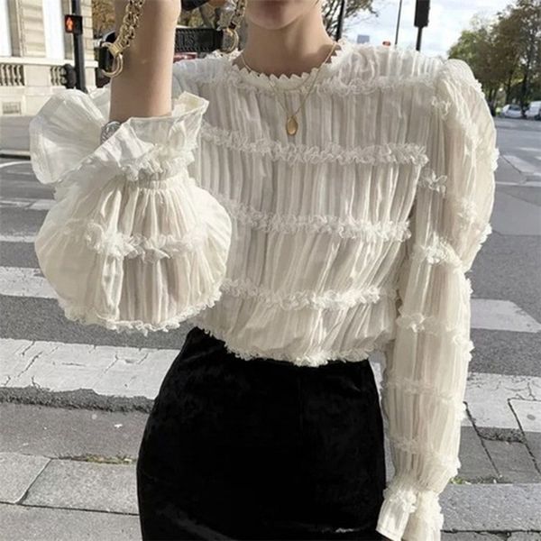 

women's korean style lace shirt o-neck long puff sleeve sweet female blouse all match 2020 spring new woman clothes y303, White
