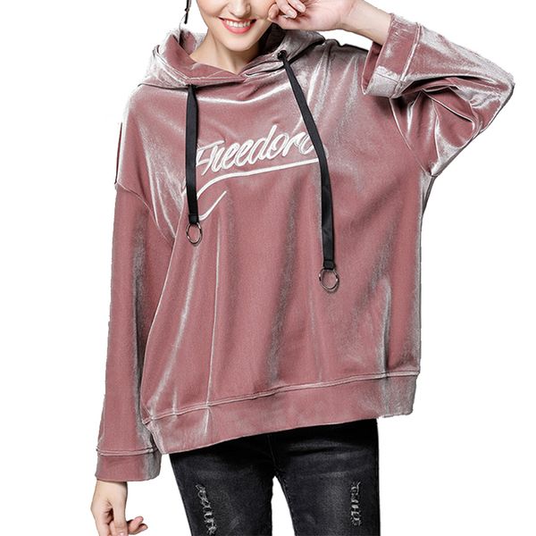 

women autumn winter chic causal pleuche velvet long sleeve hoodies loose letters printing plus size pullover sweatshirt female, Black