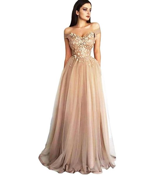 

2020 off shoulder appliques prom dresses sleeveless zipper back tulle formal evening wedding party gowns vestidos de gala, White;black