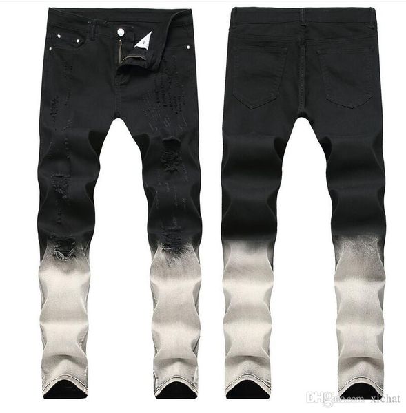 

большой размер 2019 весна мужская градация черный белый джинсы модельер рваные slim fit повседневная прямая нога джинсовые брюки брюки qkn18, Blue