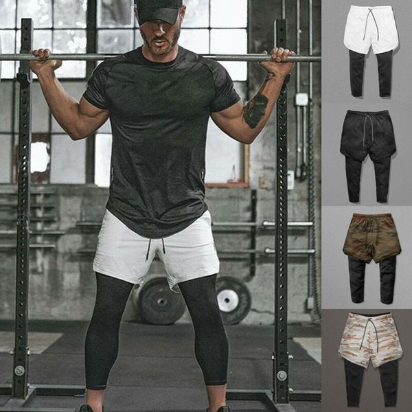 

2020 горячие поддельные двухсекционные мужские длинные брюки с шортами спортивная спортивная одежда подкладка летний фитнес тренажерный зал, Black;green