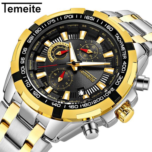 

temeite wrist watch men outdoor sports mens quartz waterproof luminous chronograph male clock relogio masculino, Slivery;brown
