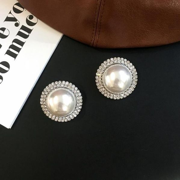 

women zircon simulated pearl stud earring large round 925 silver cuff stud design vintage women party hyperbole wedding jewelry, Golden;silver
