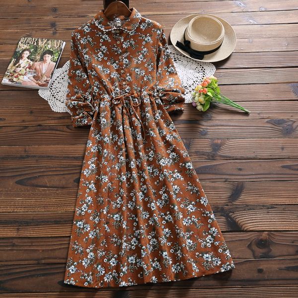 

autumn winter elegant floral print dress new fashion long sleeve cotton casual dress mori girl vestidos, Black;pink