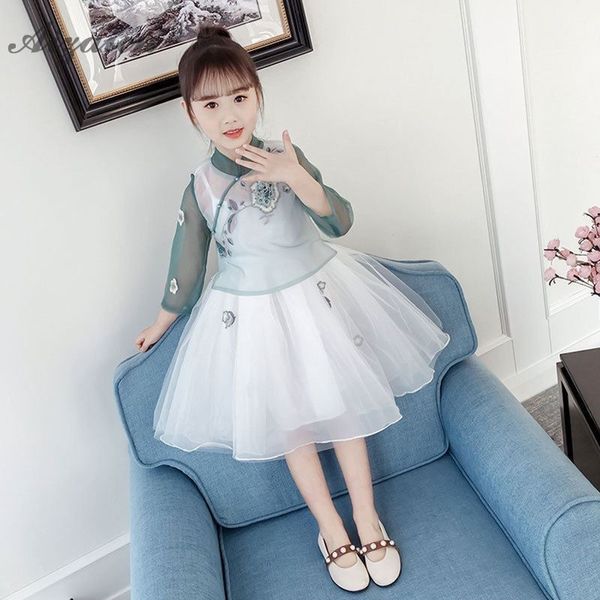 

deep green children cheongsam orientale style two pieces dresses child qipao women chinese traditional dress princess yarn skirt, Red