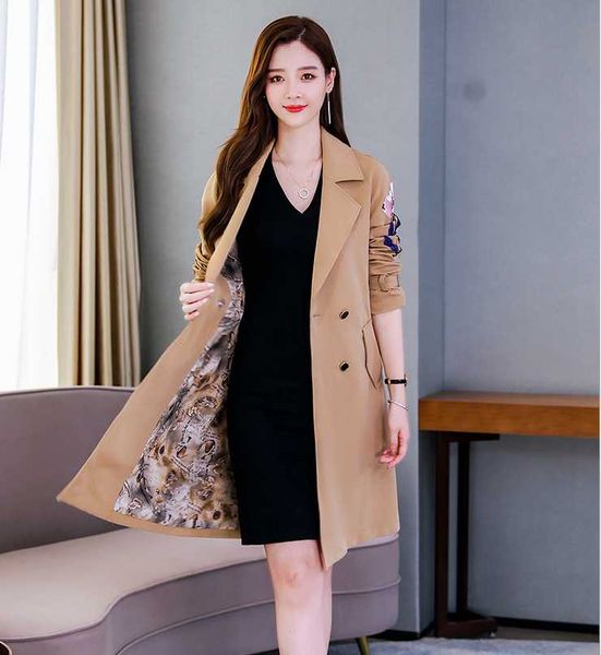 

autumn female trench coat turndown collar embroidery fashion trend woman coat long women windbreaker f560, Tan;black