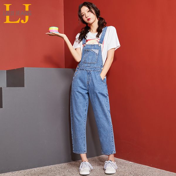 

leijijeans 2019 autumn plus size women's jeans light blue strap jeans college wind girl casual nine points strap girl 9118