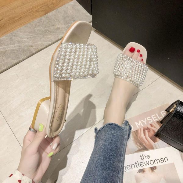 

med shoes women's slippers 2019 low luxury slides square heel string bead new designer block pvc fashion hoof heels short plush, Black