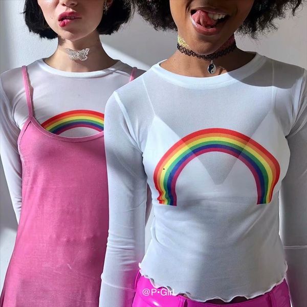 

w outside street fashion summer beach rainbow printing shirt sunscreen mesh perspective shirt dense long sleeve, White