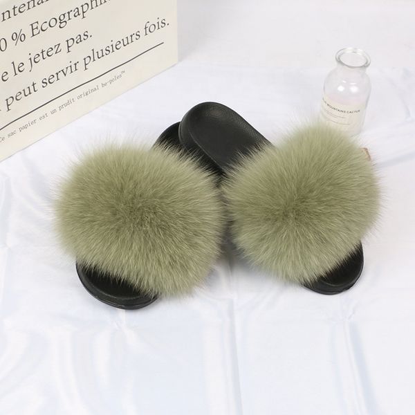 

fashionable soft comfy fluffy women ladies fox slides real fur slippers, Black