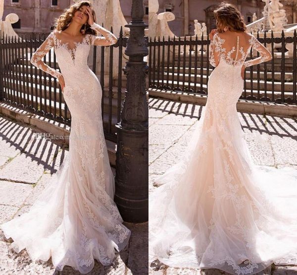 

романтические длинные рукава русалка свадебные платья с открытым вырезом кружева аппликация кружева аппликации свадебные платья noiva свадеб, White