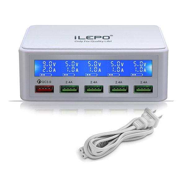 

ilepo multiple phone charger usb 5-ports charging station with lcd display 50w qc 3.0 usb charger portable for tablets phones