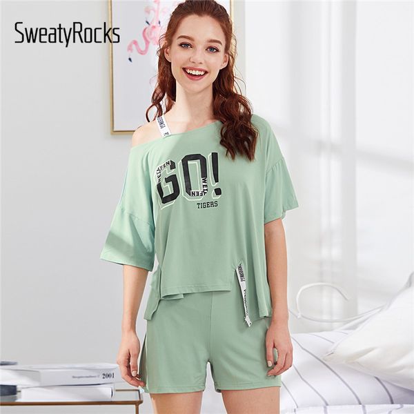 

sweatyrocks green letter print asymmetrical shoulder pajama set straps short sleeve nightwear women summer casual sleep wear, Blue;gray