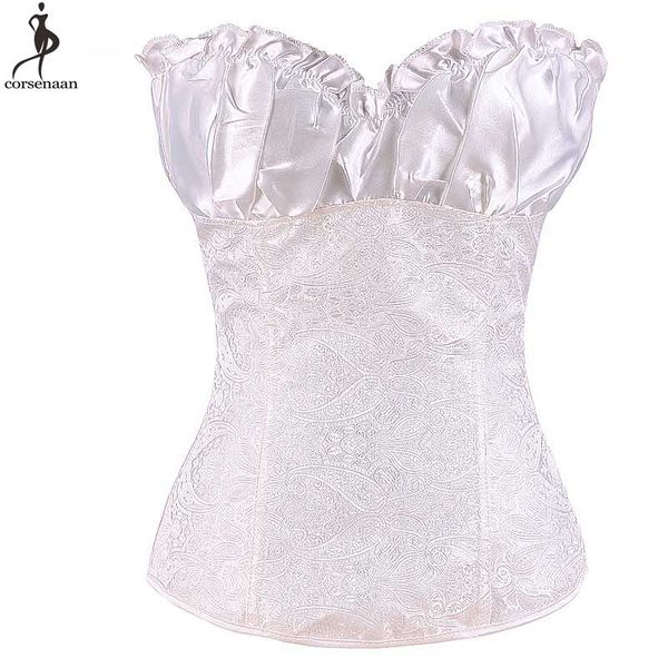 

royal elegant corset brocade bustier plus size korsett for women zip up gothic gorset satin ruffle cup boned korse corselet, Black;white