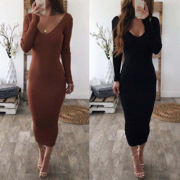 

bodycon осень женщины платье твердые офисные середины икры элегантные платья v-образным вырезом бизнес сексуальные длинные рукава свитер пла, Black;gray
