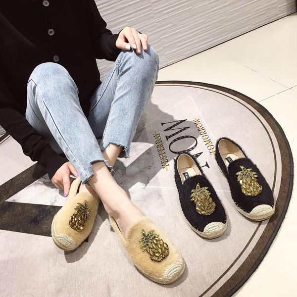 

2019 new women espadrilles flats crystal pineapple fisherman shoes ladies fashion rhinestone loafers slip on single shoes, Black