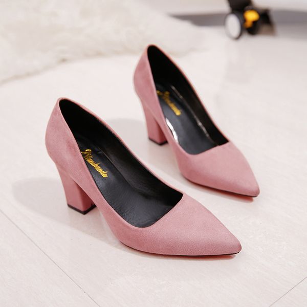 

new korean version of pointed high heels suede shallow mouth women's shoes fashion wild comfortable thick-soled work shoes, Black