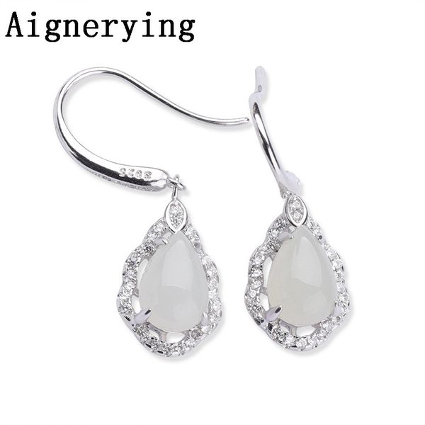 

certificate 925 sterling silver earing natural white jade drop earrings for women wedding earrings jewellery gift box, Golden;silver