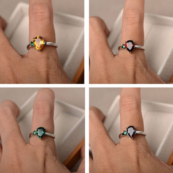 

12 color cubic zirconia silver rings for woman pear shape red rhinestone engagement ring for female party black ring women, Slivery;golden