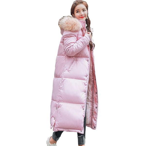 

hooded fur collar winter down coat jacket long thick warm women casaco feminino abrigos mujer invierno student wadded parkas, Black