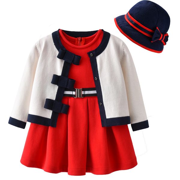 

infant baby girl 3pcs clothing sets outfit cardigan,dress and hat little girls dresses set christmas wedding dresses t200413, White