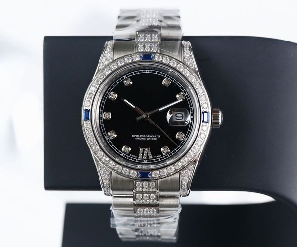 

steel automatic mechanical diamond date star set movement watch by sapphire man's 41mm904l full glass mirror display rdjsc, Slivery;brown