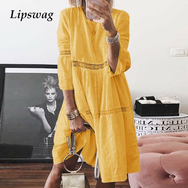 

lipswag 5xl autumn women casual o neck hollow out dresses summer three quarter sleeve party dress elegant beach dress vestidos, Black;gray