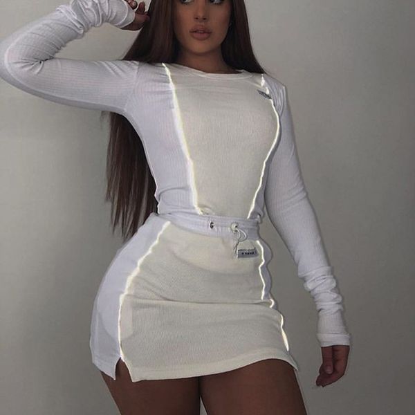 

2pcs women reflective striped patchwork set long sleeve and skirt suit ladies casual sportwear running tracksuit for 2019, Black;blue