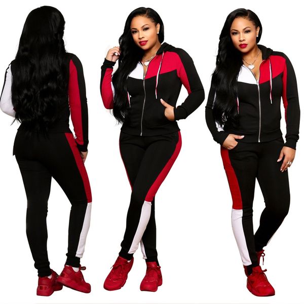 

women's fashion stitching color long-sleeved casual sports suit two-piece, White