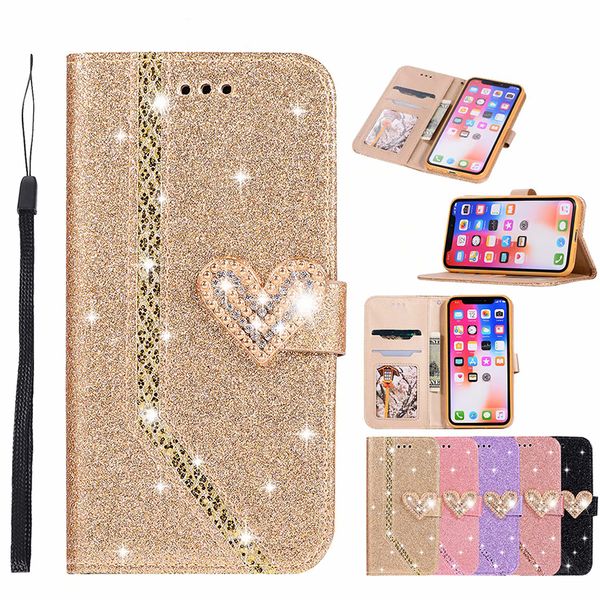 Diamond Glitter Love Heart Flip Leder Wallet Case für iPhone 11 Pro Max XS MAX XR 6 7 8 PLUS Samsung S10 PLUS NOTE10 PLUS