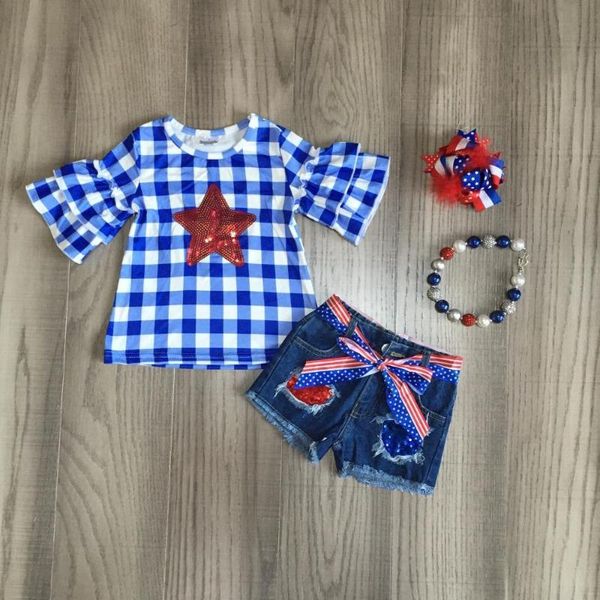 

summer baby girls clothes outfits sets cotton america sequins star royal plaid jeans bow shorts boutique tank match accessories, White