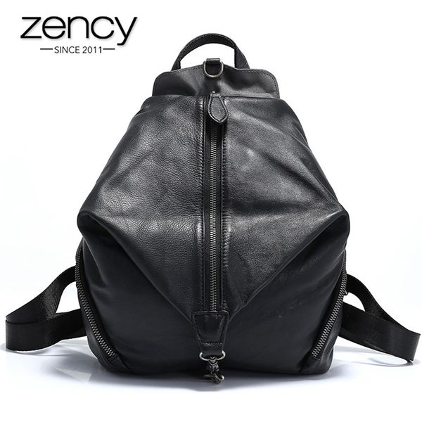 

zency 100% genuine leather retro women backpack schoolbag for girls daily casual travel bag black grey knapsack