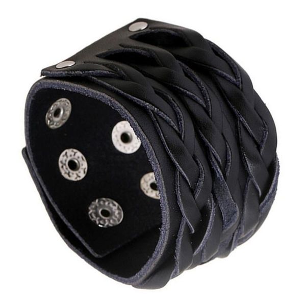 

new fashion vintage leather knitting bracelet black punk style leather wide wristband with alloy snap fastener jewelry accessories wholesale, Golden;silver