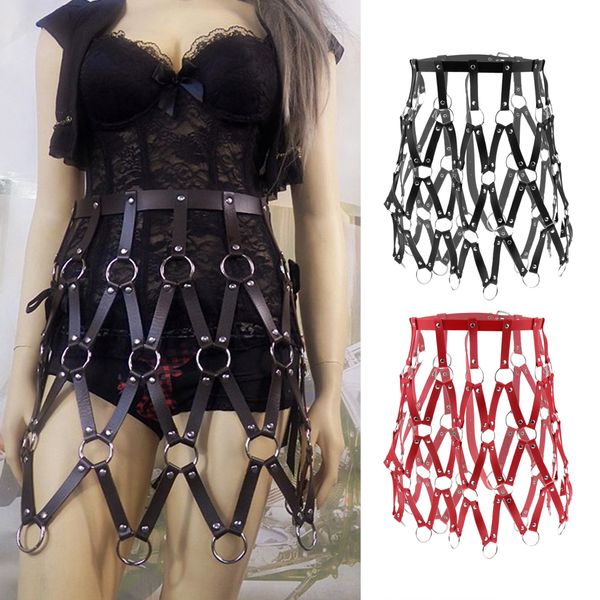 

women punk leather body harness skirt adjustable waist belt with o ring for dating halloween costumes cosplay, Black;white