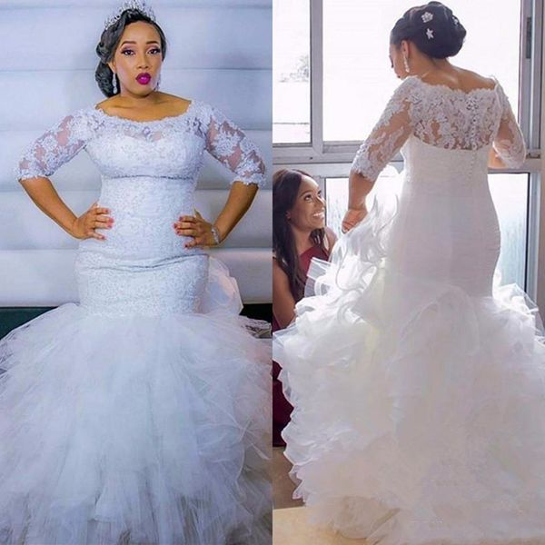 

Robe De Mariage African Mermaid Plus Size Wedding Dresses 2019 Half sleeve Lace Tiered Cascading Ruffles Bridal Gowns