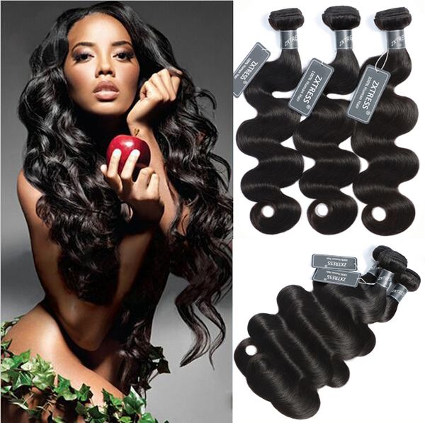 

zxtress 8-30 inch 8a brazilian body wave hair weave bundles 3pcs/lot virgin remy human hair extensions natural color very soft, Black
