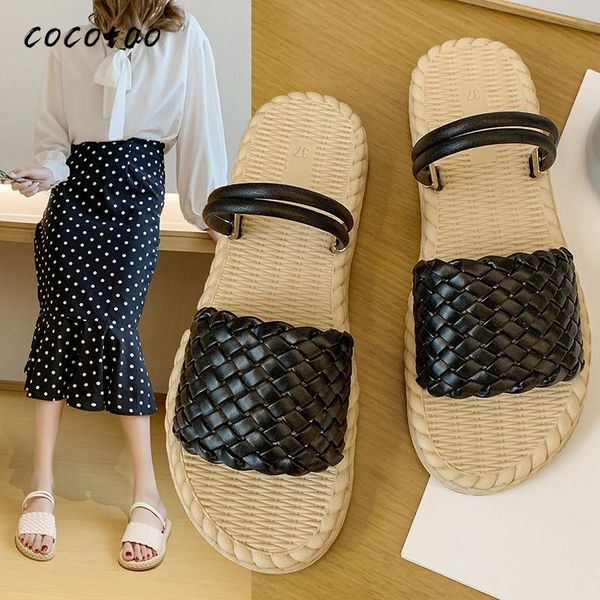 

ins tide summer sandals and slippers women wear 2020 fashion woven word drag wild beach shoes straw sandals and slippers, Black